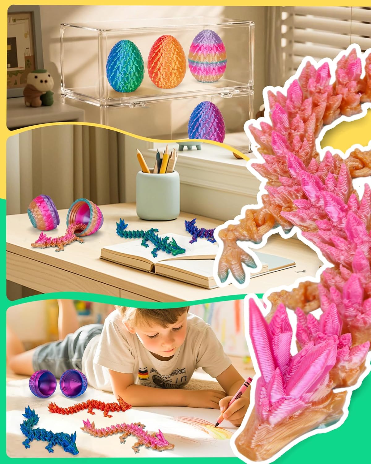 TBOLINE 4PCS 3D Printed Dragon Egg, Easter Basket Stuffers for Kids, Prefilled Easter Eggs with Toys Stuffed Egg Hunt