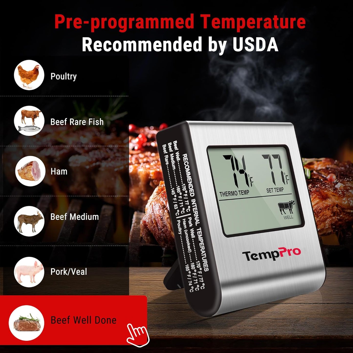 TempPro TP16 Large LCD Digital Cooking Food Meat Thermometer for Smoker Oven Kitchen BBQ Grill Thermometer Clock Timer with Stainless Steel