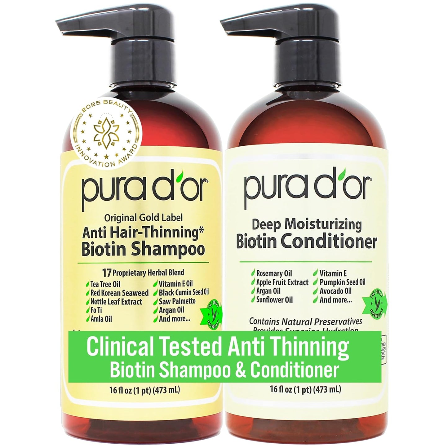 PURA D'OR Anti-Thinning Biotin Shampoo & Conditioner Original Gold Label Set (16oz x2) CLINICALLY TESTED Formula for