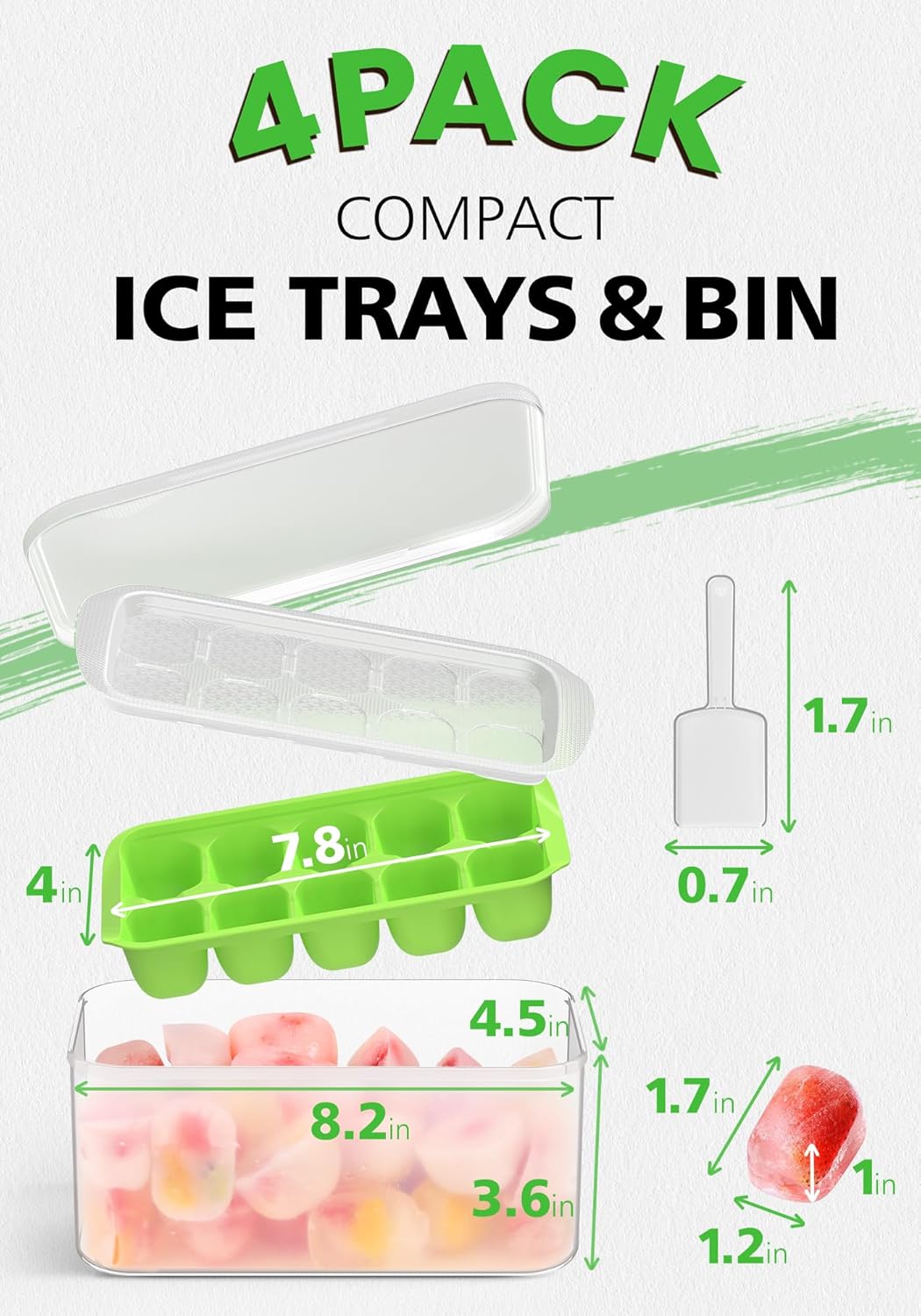 DOQAUS Ice Cube Tray with Lid and Bin - 4 Pack Ice Bucket Kits, Stackable Silicone Ice Trays for Freezer, Easy Pop Out, BPA Free for Cocktail