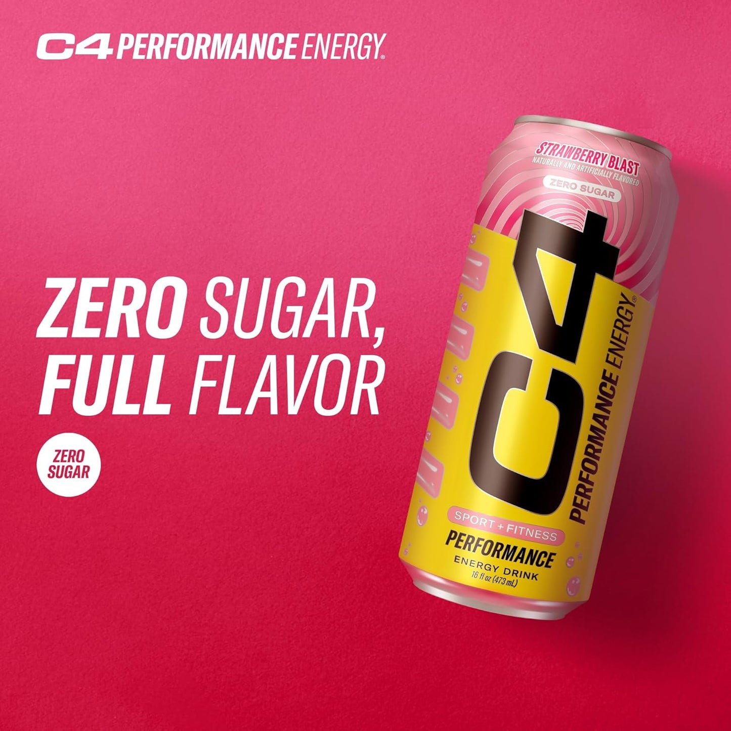 C4 Performance Energy Drink, Strawberry Blast, Zero Sugar Carbonated Preworkout Energy, 200mg Caffeine with Beta Alanine, 16 Fl Oz (12 Pack)