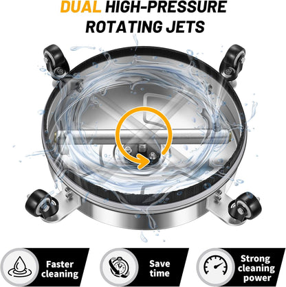 14" Pressure Washer Surface Cleaner with 4 Wheels - Stainless Steel Surface Cleaner for Pressure Washer Attachment for Concrete, Patio