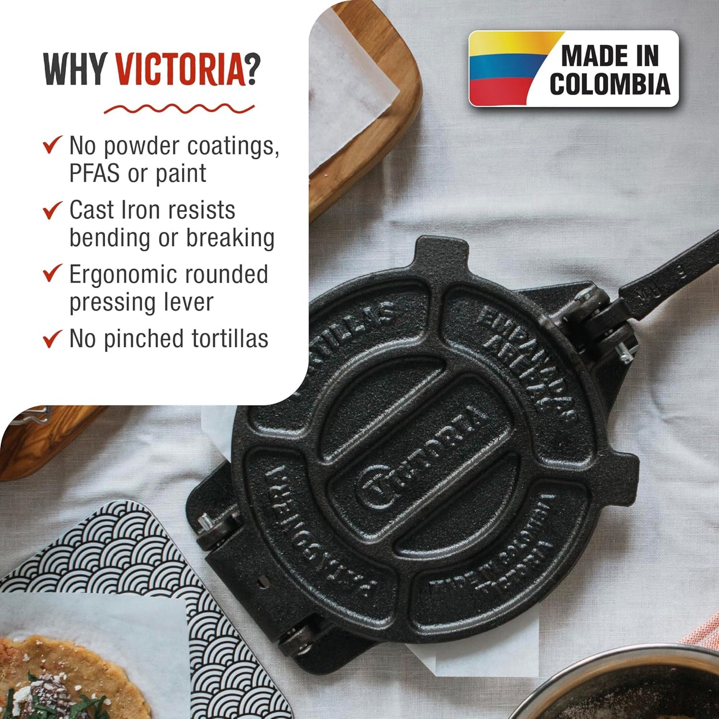 Victoria 8 Inches Cast Iron Tortilla Press, Roti Maker and Tortilladora, Pataconera Seasoned with Flaxseed Oil, Made in Colombia, Traditional