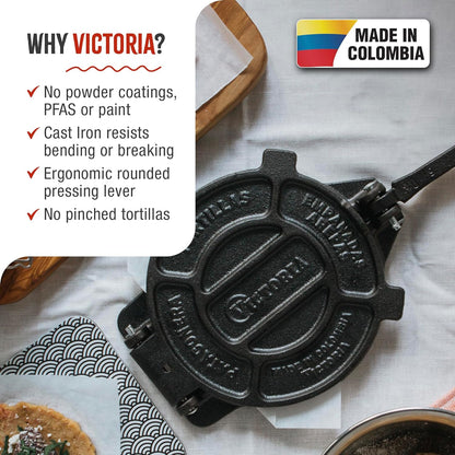 Victoria 8 Inches Cast Iron Tortilla Press, Roti Maker and Tortilladora, Pataconera Seasoned with Flaxseed Oil, Made in Colombia, Traditional
