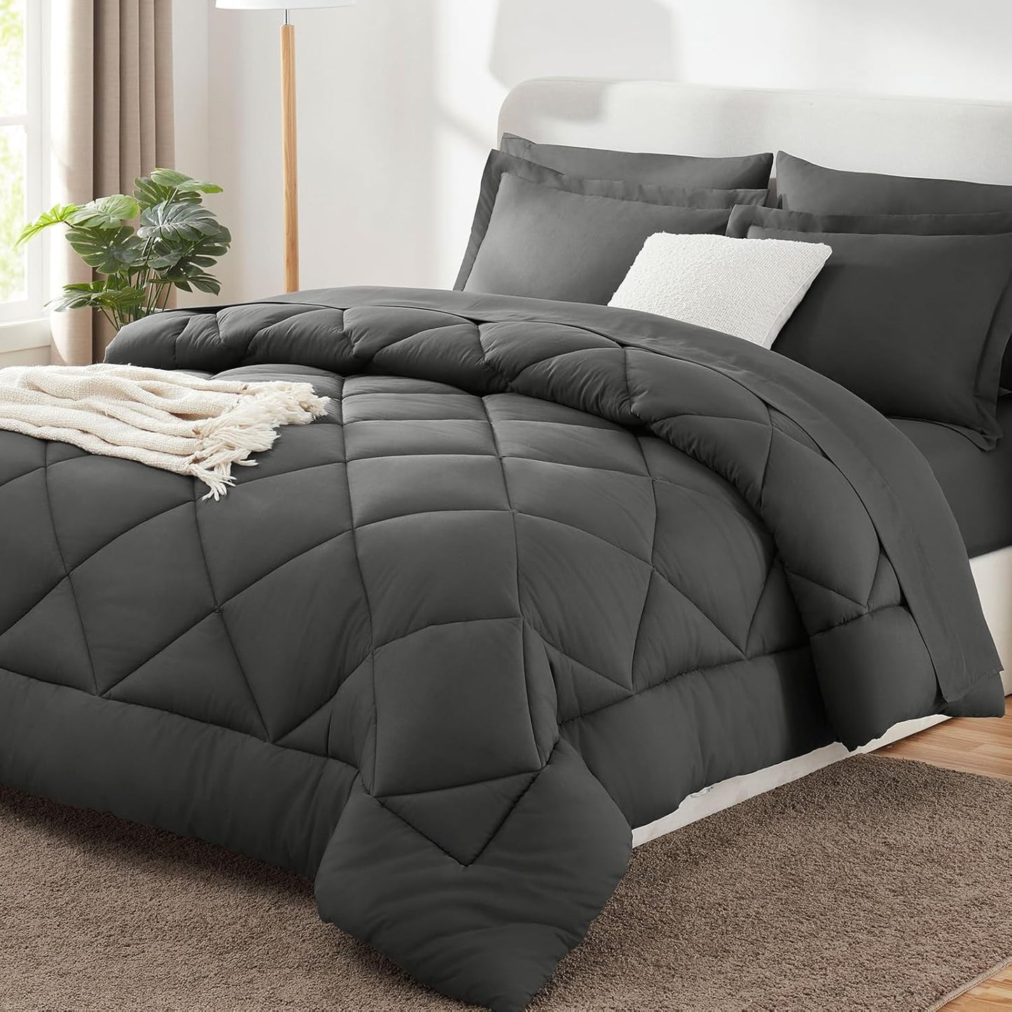 CozyLux Queen Comforter Set Dark Grey - Bed in a Bag Queen Size 7 Pieces, Luxury Soft Bed Set for All Seasons, Bedding Set with Comforter