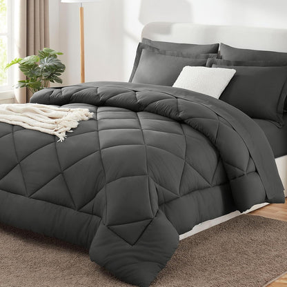 CozyLux Queen Comforter Set Dark Grey - Bed in a Bag Queen Size 7 Pieces, Luxury Soft Bed Set for All Seasons, Bedding Set with Comforter