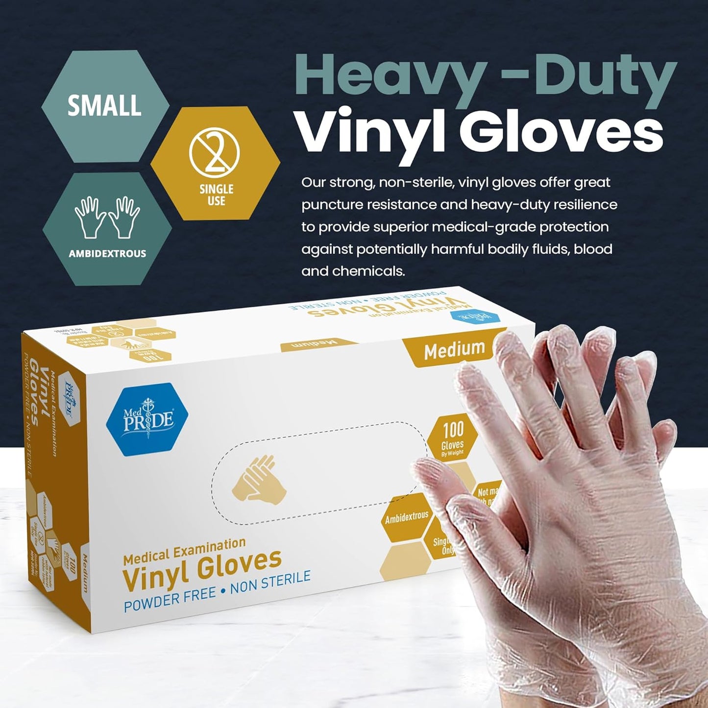 MED PRIDE Disposable Medical Grade Vinyl Exam Gloves, Latex & Powder Free, Ultra-Strong, for Healthcare & Food Handling (Medium (00) 100 Clear)