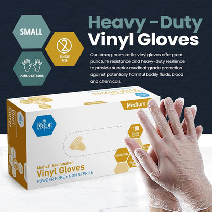 MED PRIDE Disposable Medical Grade Vinyl Exam Gloves, Latex & Powder Free, Ultra-Strong, for Healthcare & Food Handling (Medium (00) 100 Clear)