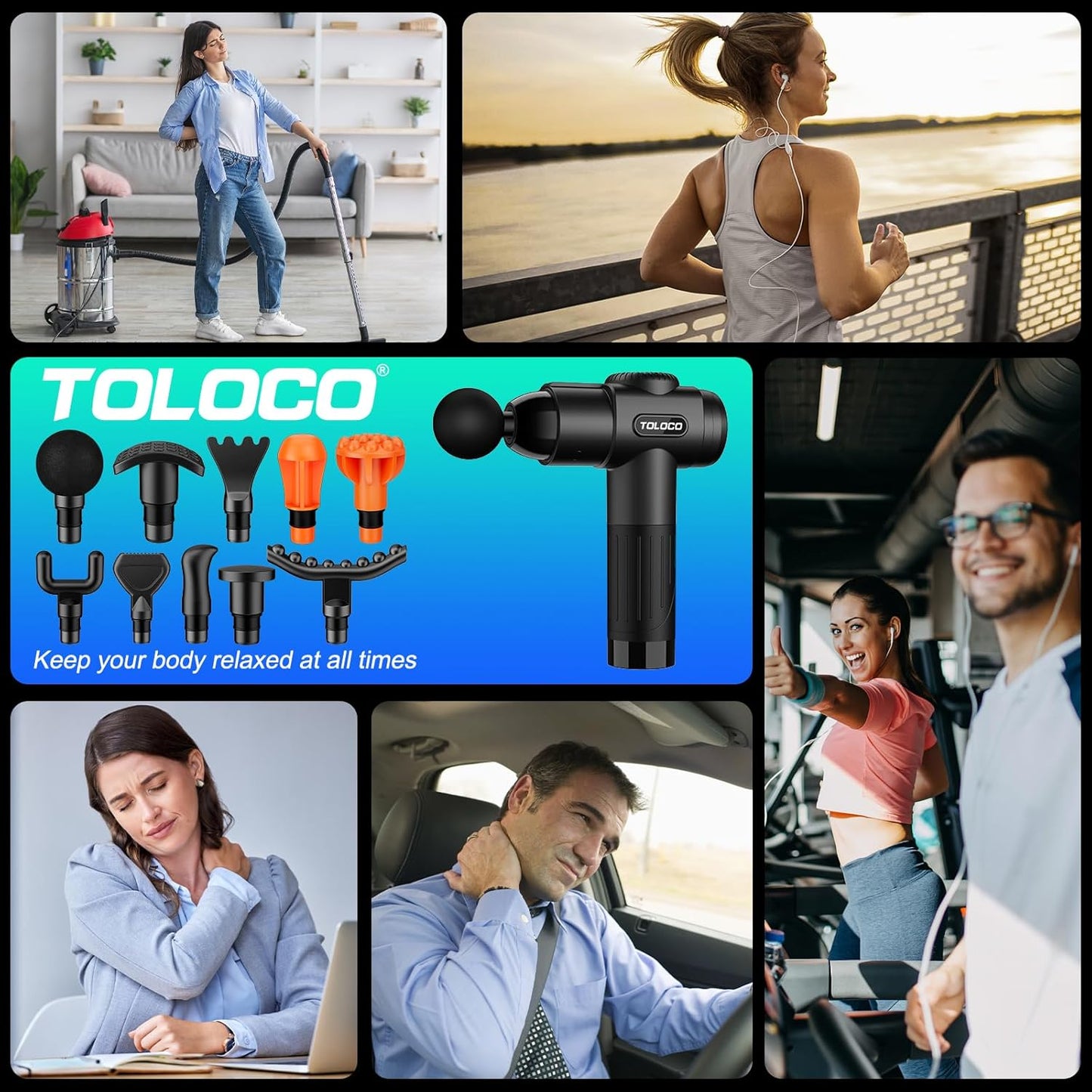 TOLOCO Massage Gun, Deep Tissue Back Massage for Athletes for Pain Relief, Percussion Massager with 10 Massages Heads & Silent Brushless