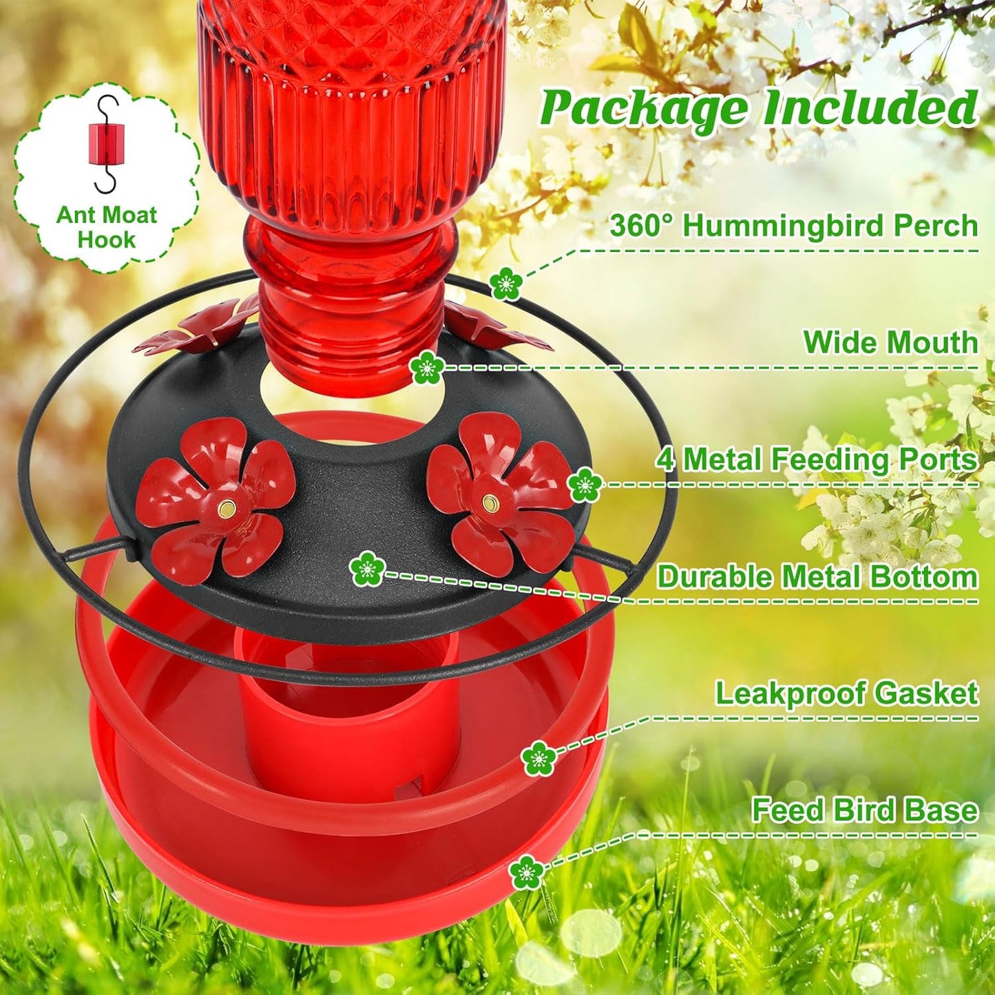 FEED GARDEN Glass Hummingbird Feeder, 16oz Outdoor Hanging Bird Feeder with Ant Moat, 4 Bee-Proof Feeding Ports, 360 Perch, Leak-Proof, Red