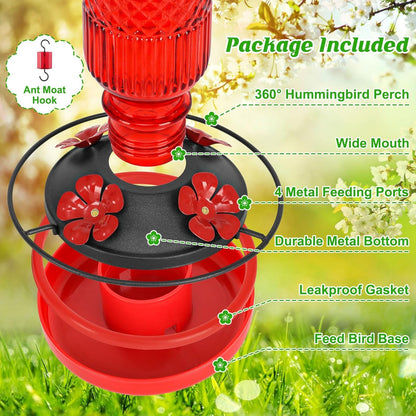 FEED GARDEN Glass Hummingbird Feeder, 16oz Outdoor Hanging Bird Feeder with Ant Moat, 4 Bee-Proof Feeding Ports, 360 Perch, Leak-Proof, Red