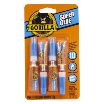 Gorilla Super Glue, FastSetting, ImpactTough AllPurpose Adhesive with Anti-Clog Cap, 4 -3 g Tubes - Clear