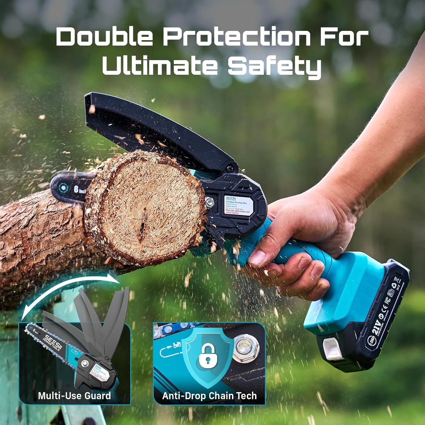Seesii Mini Chainsaw, 6-inch Mini Chainsaw Cordless, Handheld Electric Power Chain Saw with 2 Batteries, for Tree Trimming Wood