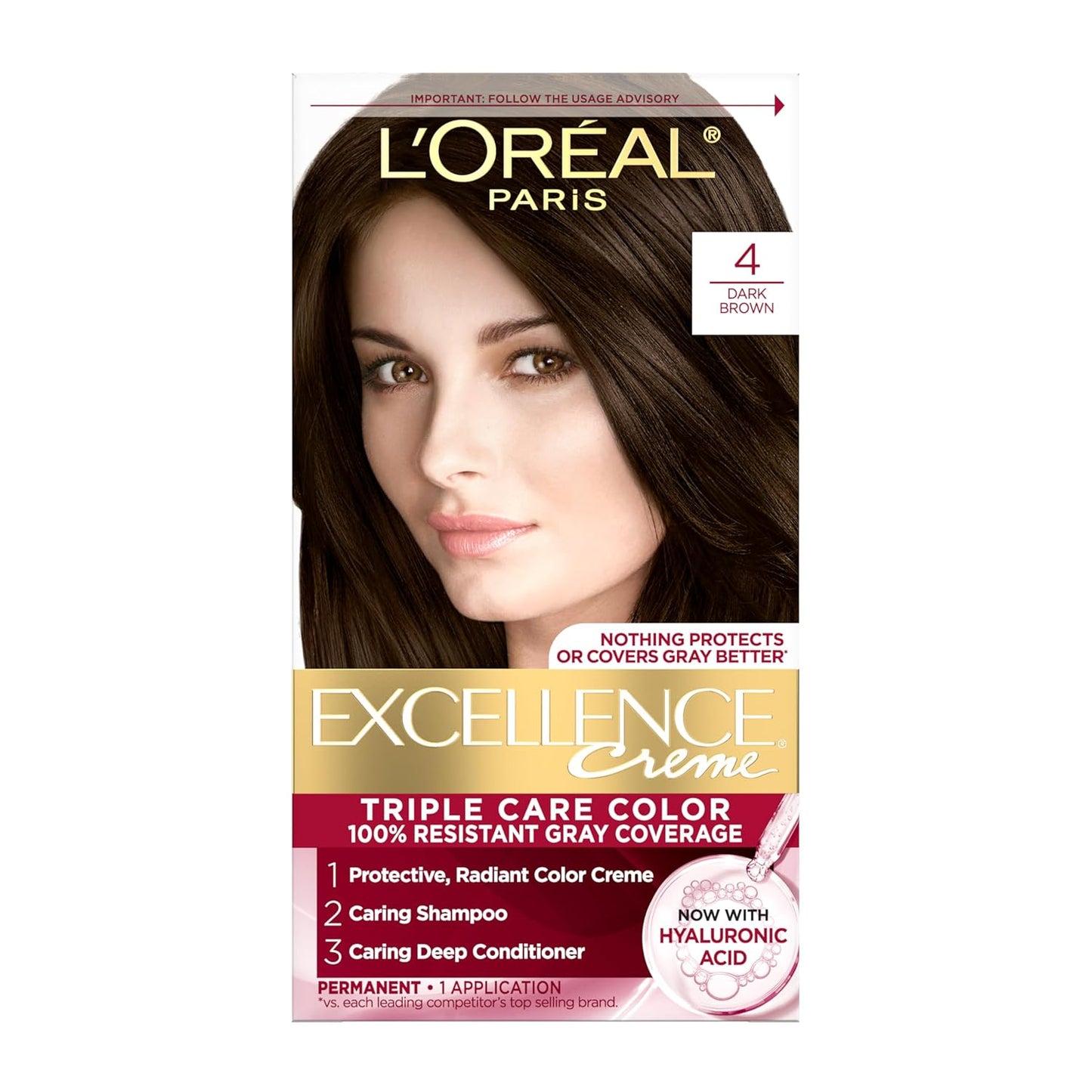 L'Oreal Paris Excellence Crme Permanent Hair Dye, Triple Care Hair Color with Hyaluronic Acid for 100% Gray Coverage, 4 Dark