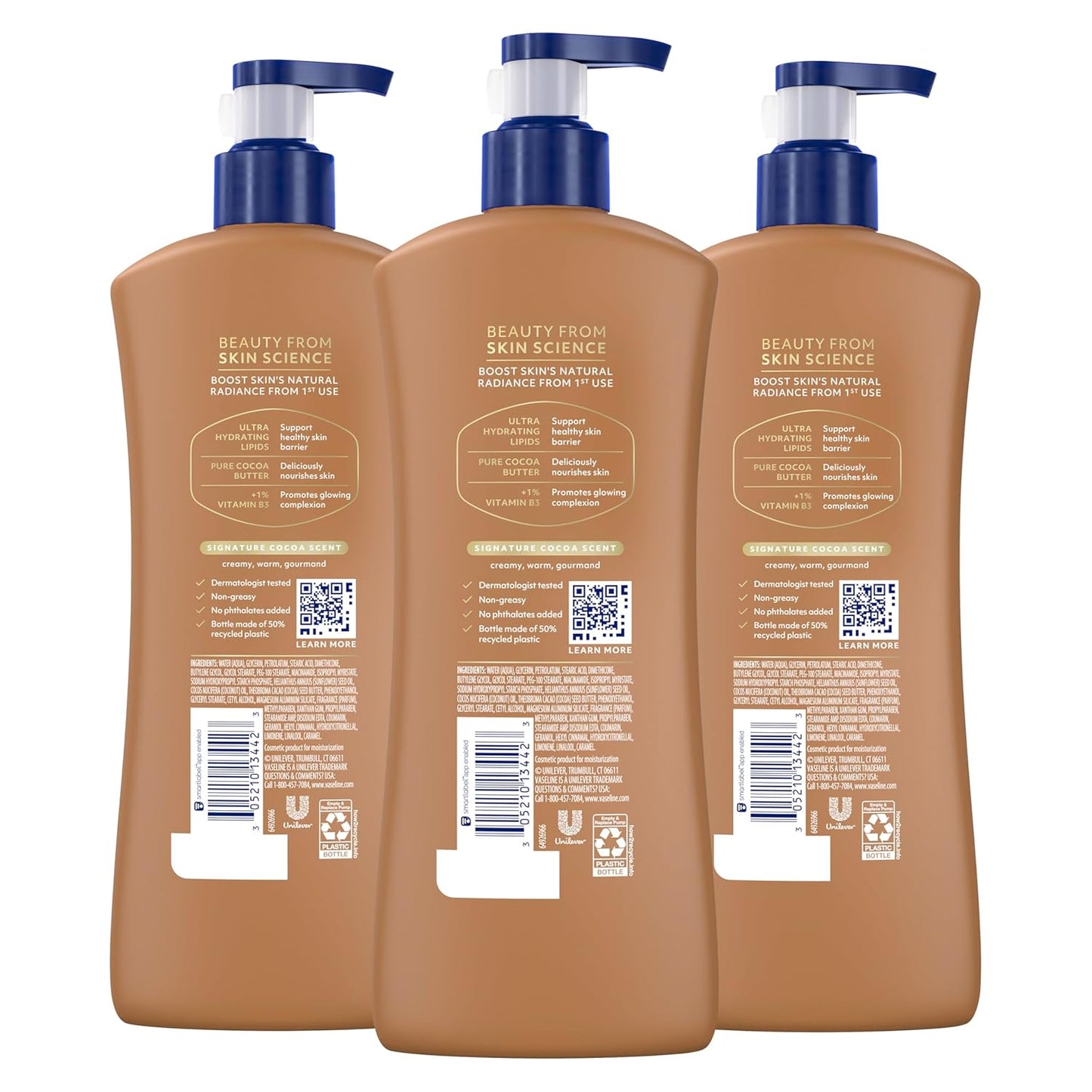 Vaseline Intensive Care Body Lotion Cocoa Radiant 3 count for Dry Skin Lotion Made with Ultra-Hydrating Lipids and Pure Cocoa Butter for a