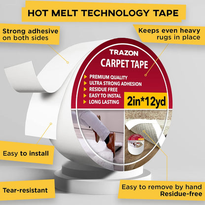 Carpet Tape Double Sided - Rug Tape Grippers for Hardwood Floors and Area Rugs - Carpet Binding Tape Strong Adhesive and