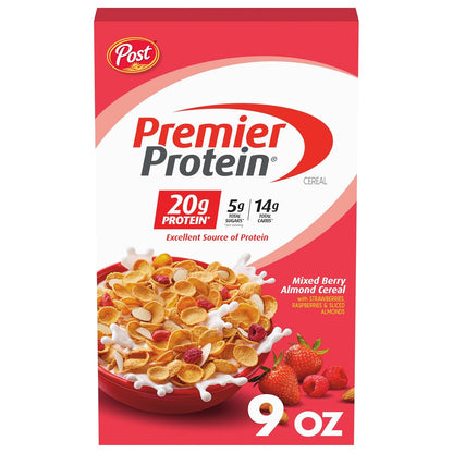 Premier Protein Mixed Berry Almond Cereal, Protein Cereal Flakes Mixed with Dried Berries and Sliced Almonds, Contains 20g of Protein Per