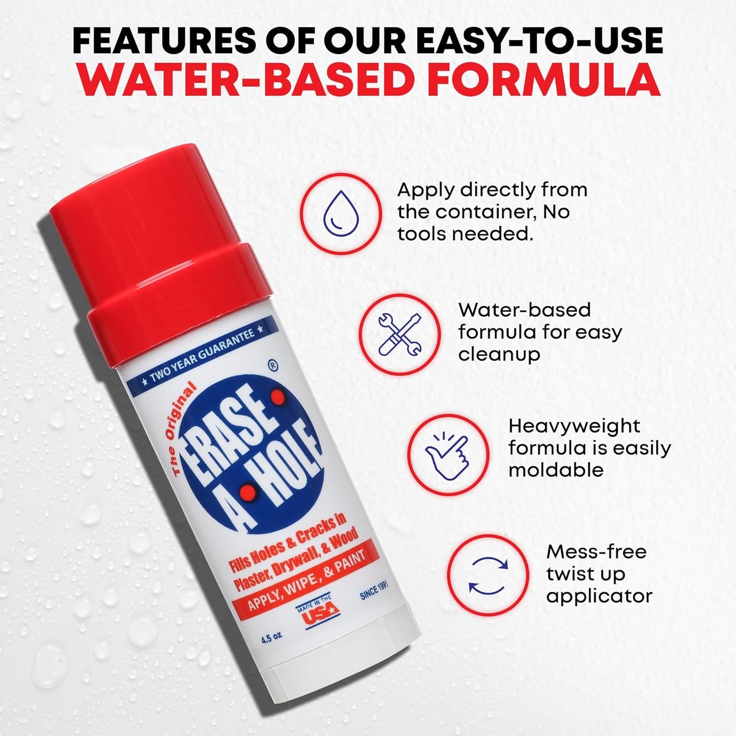 Erase-A-Hole Wall Repair Stick Quick-Dry Nail & Screw Hole Filler for Drywall, Wood & Plaster No Sand Spackle Alternative, Paintable Putty, 4.5 oz