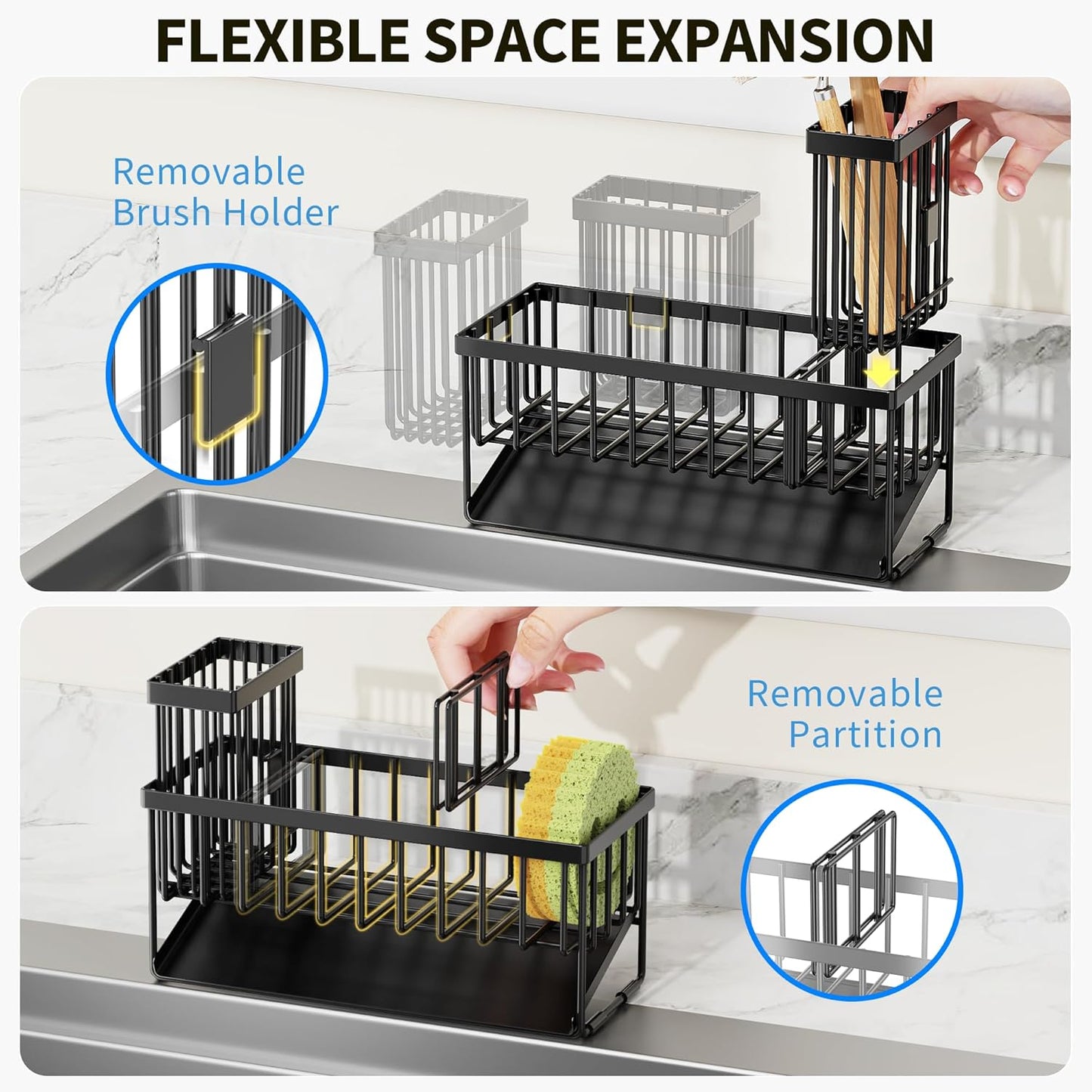 Cisily Sink Caddy Sponge Holder for Kitchen with Brush Holder and Stainless Steel Self Drain Tray, Rustproof Kitchen Sink Organizer for