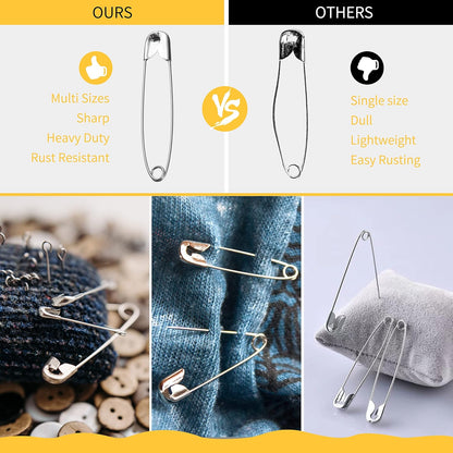 XKDOUS Safety Pins - 150 Pcs Assorted Sizes Silver Pins Bulk - Small & Large Heavy Duty for Clothes, Sewing, Craft