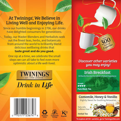 Twinings English Breakfast Black Tea Individually Wrapped Bags, 100 Count, Smooth, Flavourful, and Robust, Caffeinated, Enjoy Hot or Iced, 100 Teabags