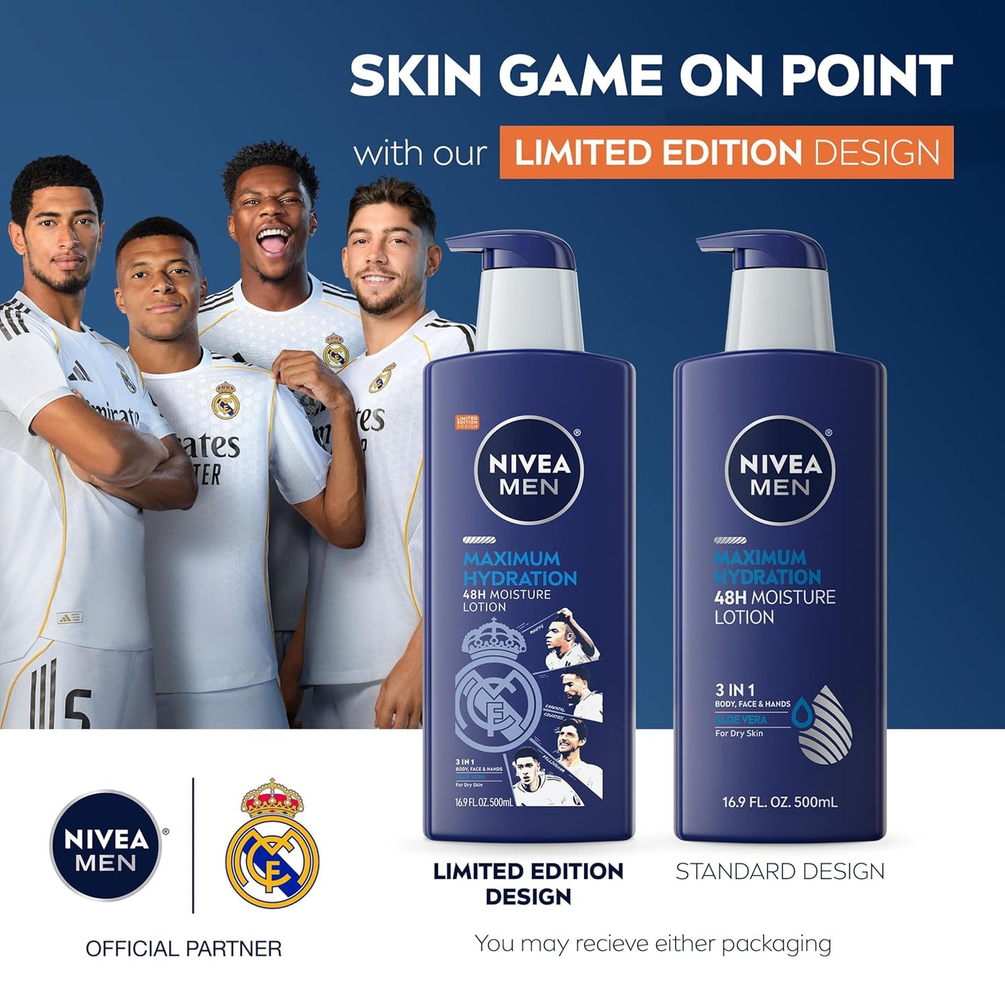 NIVEA MEN Real Madrid Limited Edition Design Maximum Hydration 48-Hour Moisture Body Lotion for Dry Skin, Aloe Vera Lotion for Men, 3-in-1