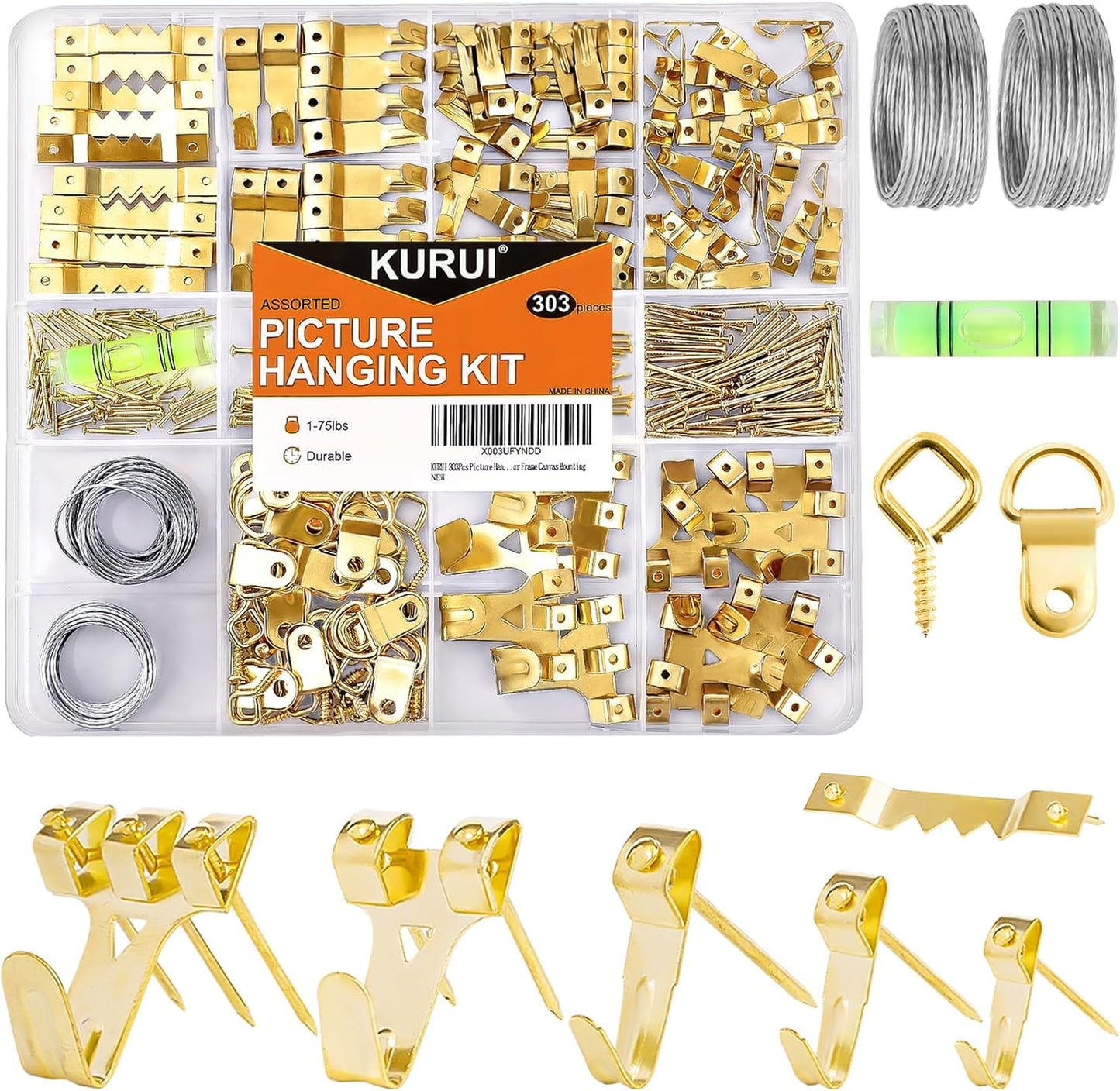 KURUI 303Pcs Picture Hanging Kit, Picture Hangers Assorted Kit with Heavy Duty Picture Hanging Hooks/Hardware Nails/Sawtooth/Wire/D