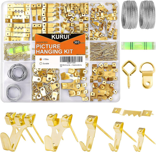 KURUI 303Pcs Picture Hanging Kit, Picture Hangers Assorted Kit with Heavy Duty Picture Hanging Hooks/Hardware Nails/Sawtooth/Wire/D