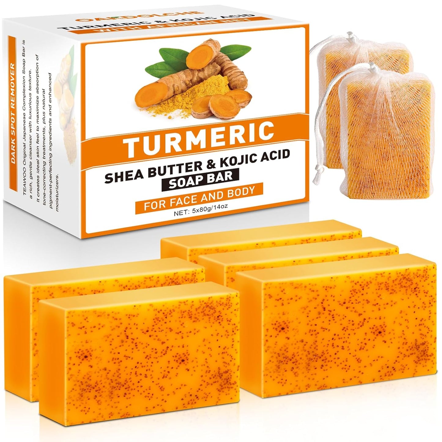 5 Pack Turmeric Kojic Acid Soap Bars(80g) - Infused with Retinol, Hydrolyzed Collagen, Vitamin E & Shea Butter, Gentle Care for
