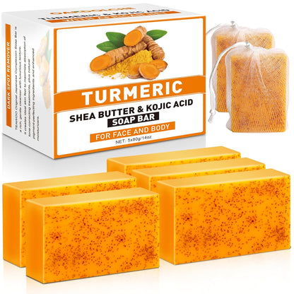 5 Pack Turmeric Kojic Acid Soap Bars(80g) - Infused with Retinol, Hydrolyzed Collagen, Vitamin E & Shea Butter, Gentle Care for