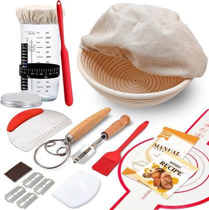 Complete Sourdough Starter Kit, Banneton Bread Proofing Basket with Glass Sourdough Starter Jar, Sourdough Bread Baking