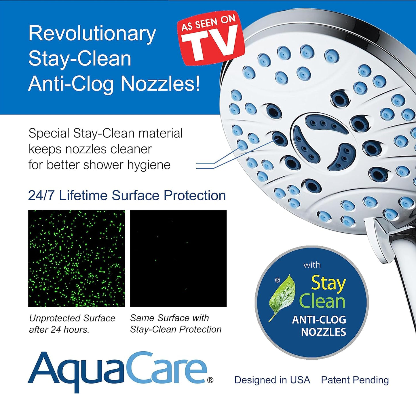 AquaCare High Pressure 8-mode Handheld Shower Head - Anti-clog Nozzles, Built-in Power Wash to Clean Tub, Tile &