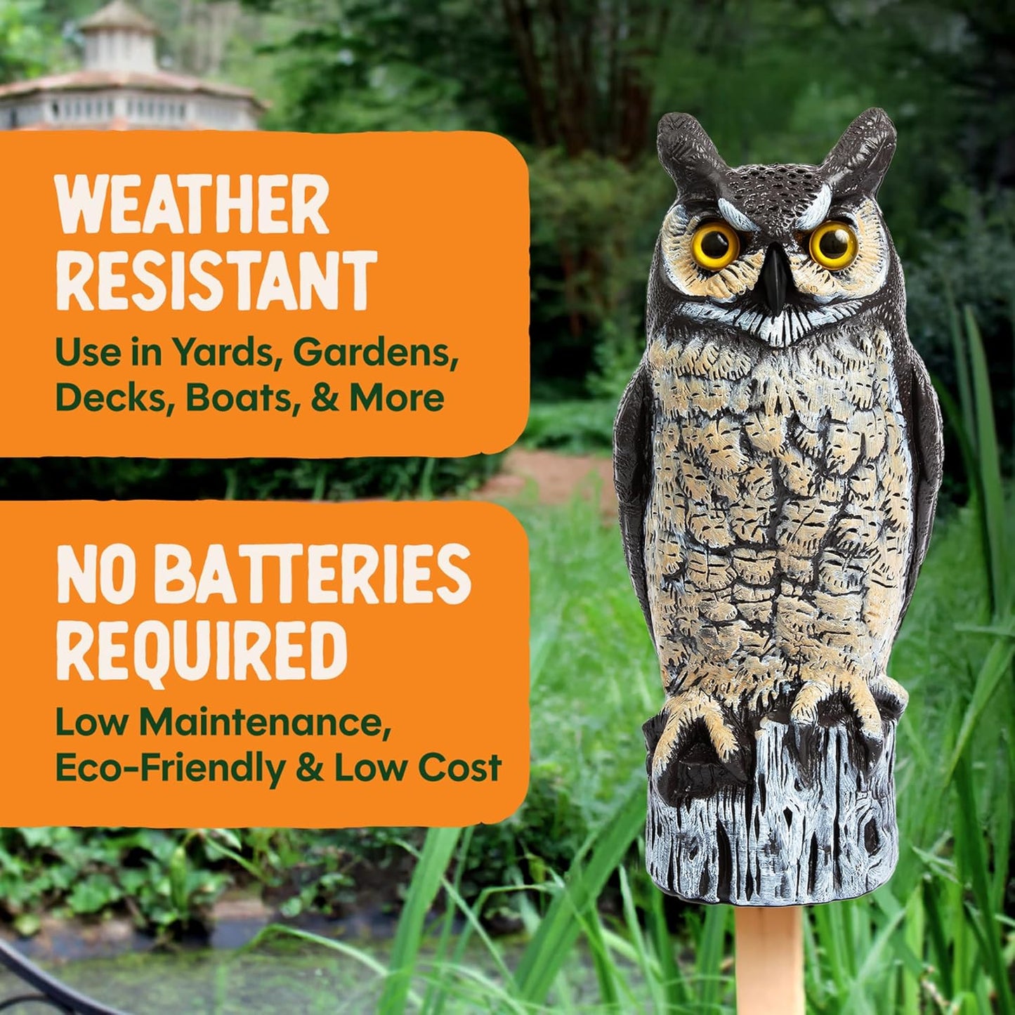 Dalen Large Fake Owl Decoy to Scare Birds Away - 16 in Hand-Painted Great Horned Owl Garden Scarecrow for Natural Pest Control - Fixed Head Design -