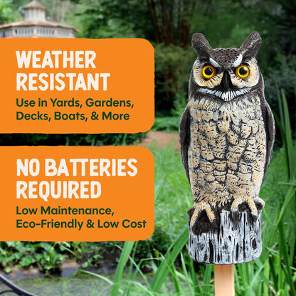 Dalen Large Fake Owl Decoy to Scare Birds Away - 16 in Hand-Painted Great Horned Owl Garden Scarecrow for Natural Pest Control - Fixed Head Design -