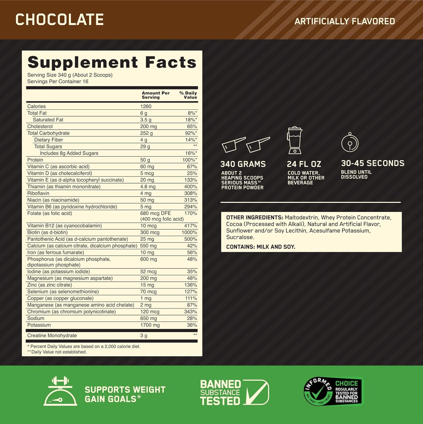 Optimum Nutrition Serious Mass, Weight Gainer Protein Powder, Mass Gainer, Vitamin C and Zinc for Immune Support, Creatine