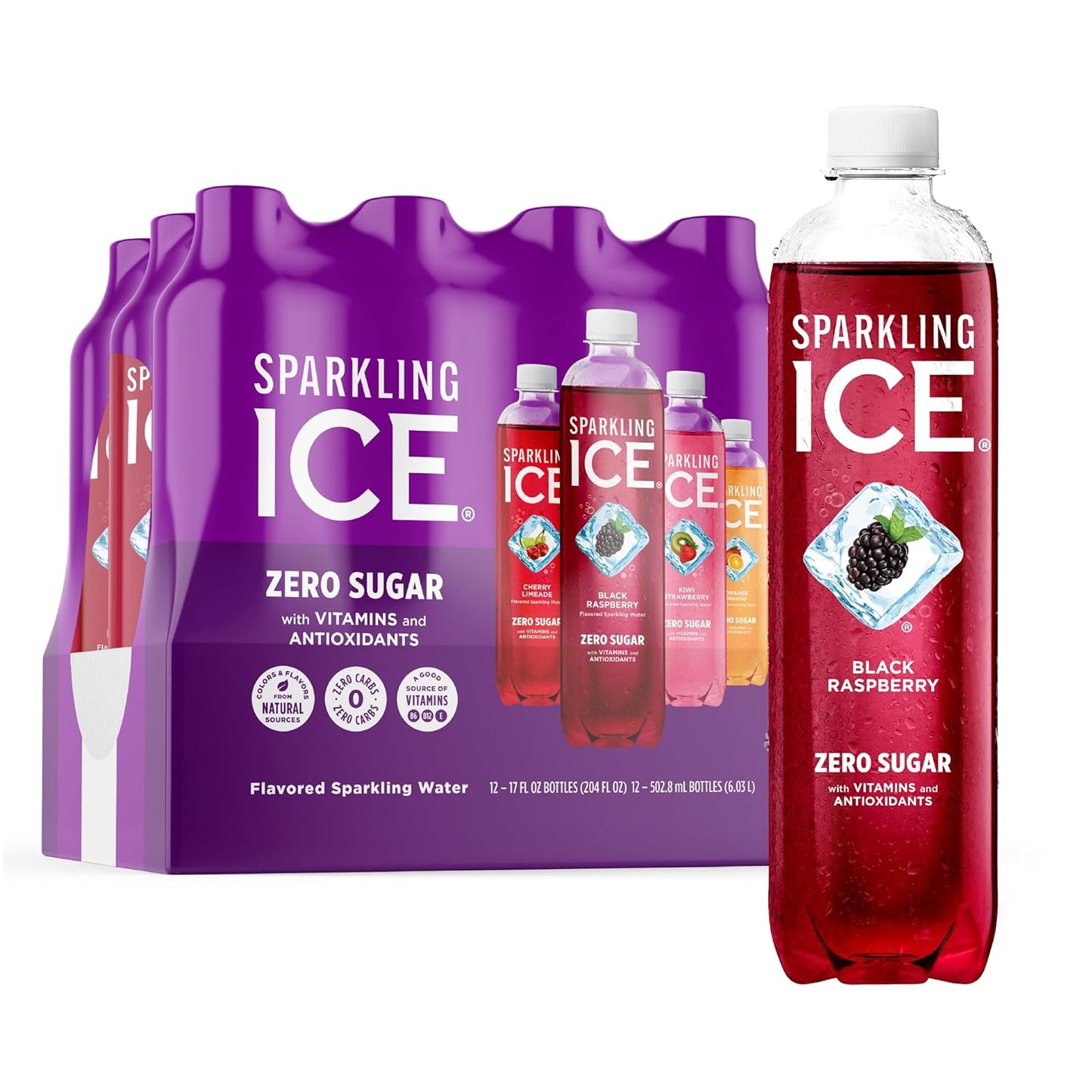 Sparkling Ice Purple Variety Pack, Flavored Water, Zero Sugar, with Vitamins and Antioxidants, 17 fl oz, 12 count (Black Raspberry, Cherry