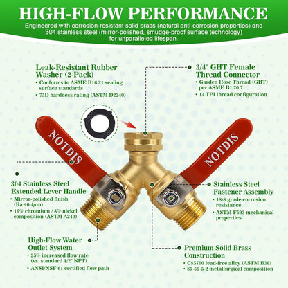 Hose Splitter 2 Way Heavy Duty Brass Garden Hose Splitter with 304 Stainless Steel Long Handle Outdoor Full Flow Hose Splitter