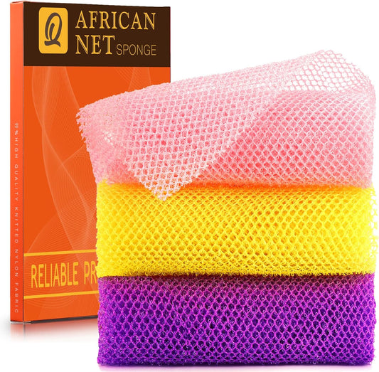 UJFQBH 3 Pieces African Bath Sponge African Net Long Net Bath Sponge Exfoliating Shower Body Scrubber Back Scrubber Skin