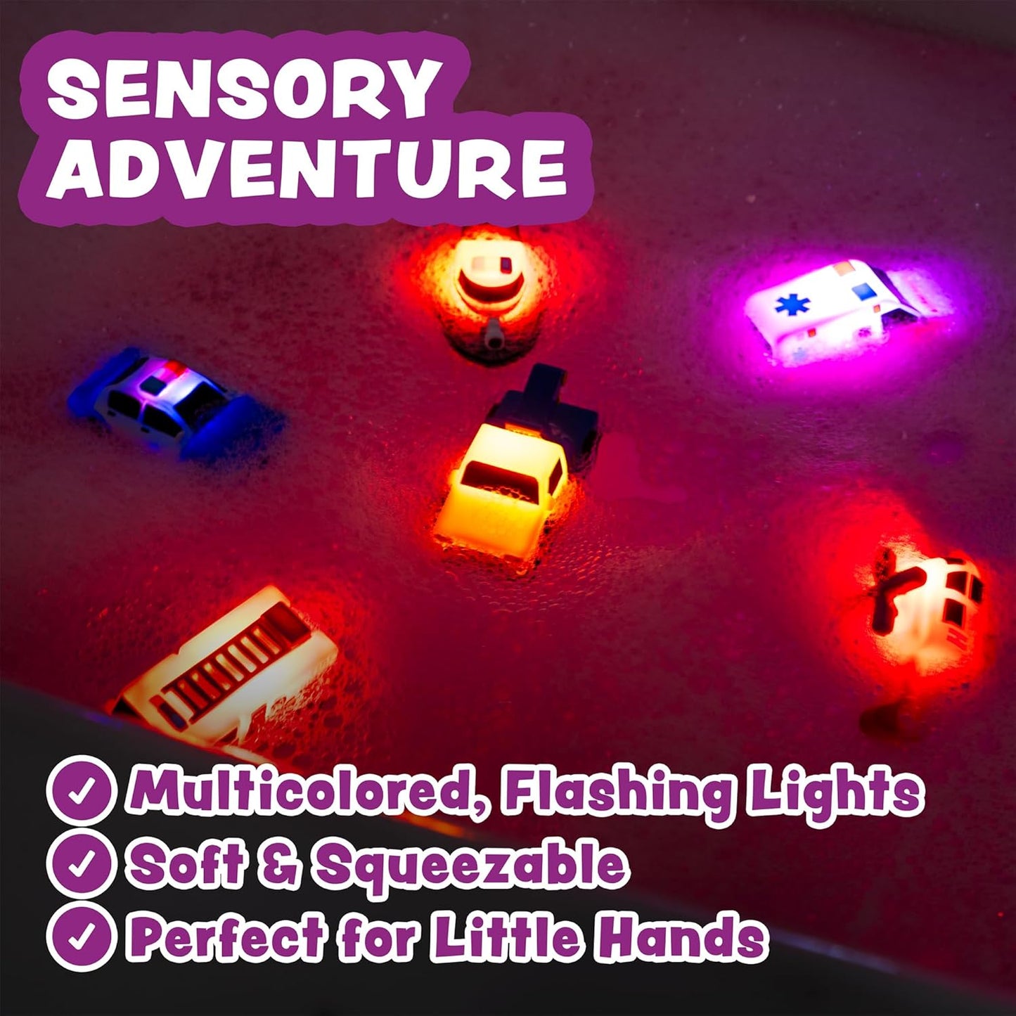Tub Works Emergency Cars Light Up Bath Toys, 6 Pack, Water-Activated Light Up Toys Flash & Change Color, Soft, Squeezable Baby & Toddler Bath