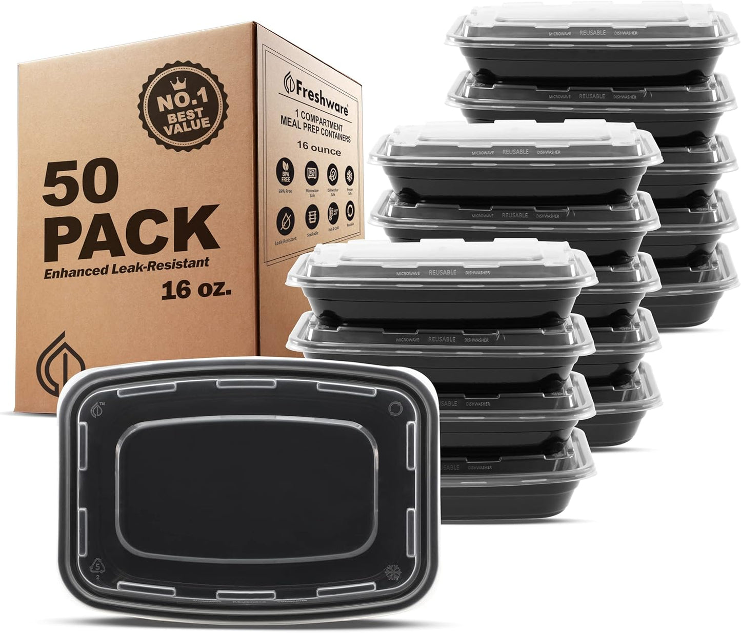 Freshware Meal Prep Containers [50 Pack] 1 Compartment Food Storage Containers with Lids, Bento Box, BPA Free