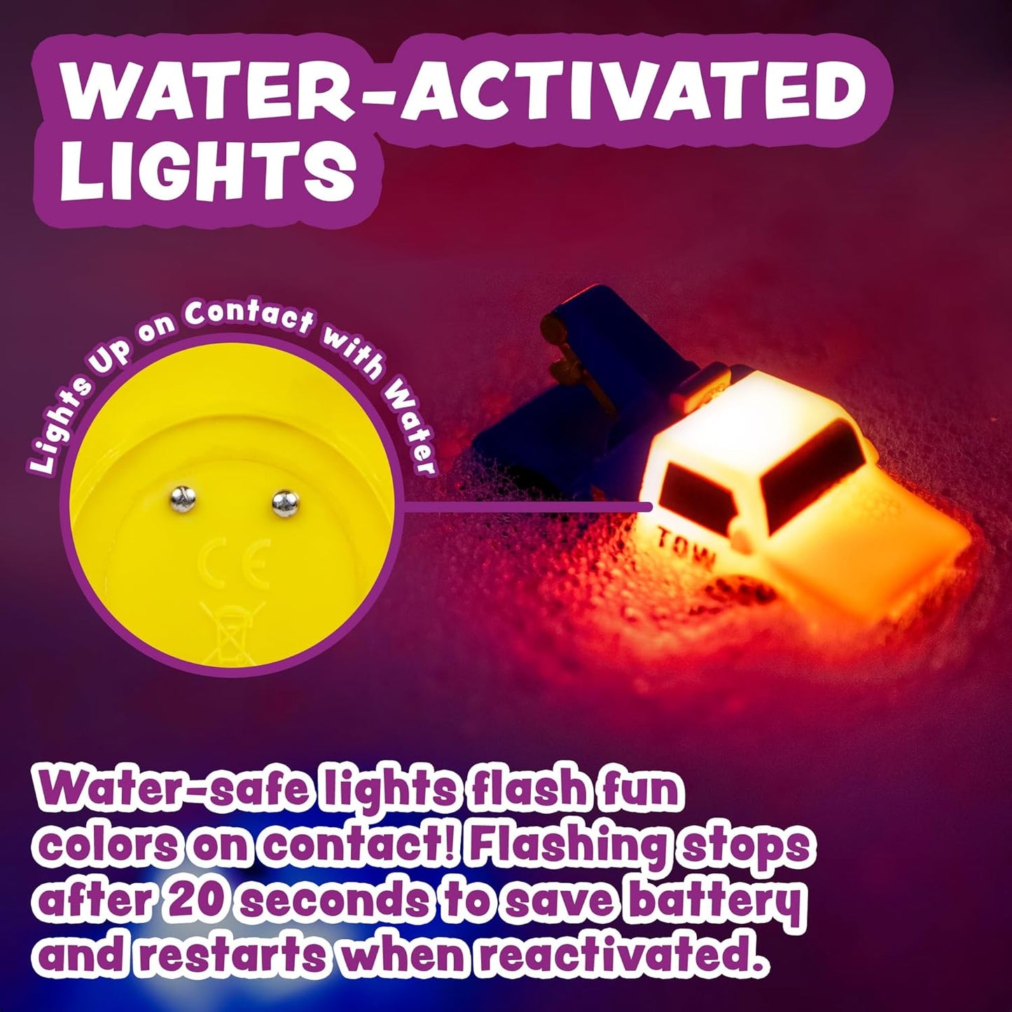 Tub Works Emergency Cars Light Up Bath Toys, 6 Pack, Water-Activated Light Up Toys Flash & Change Color, Soft, Squeezable Baby & Toddler Bath