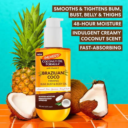 Palmer's Coconut Oil Formula Brazilian Coco Firming Body Oil with Vitamin E, 6.5 Fl Oz, Helps with Skin Tightening & Firming of Bum, Bust &