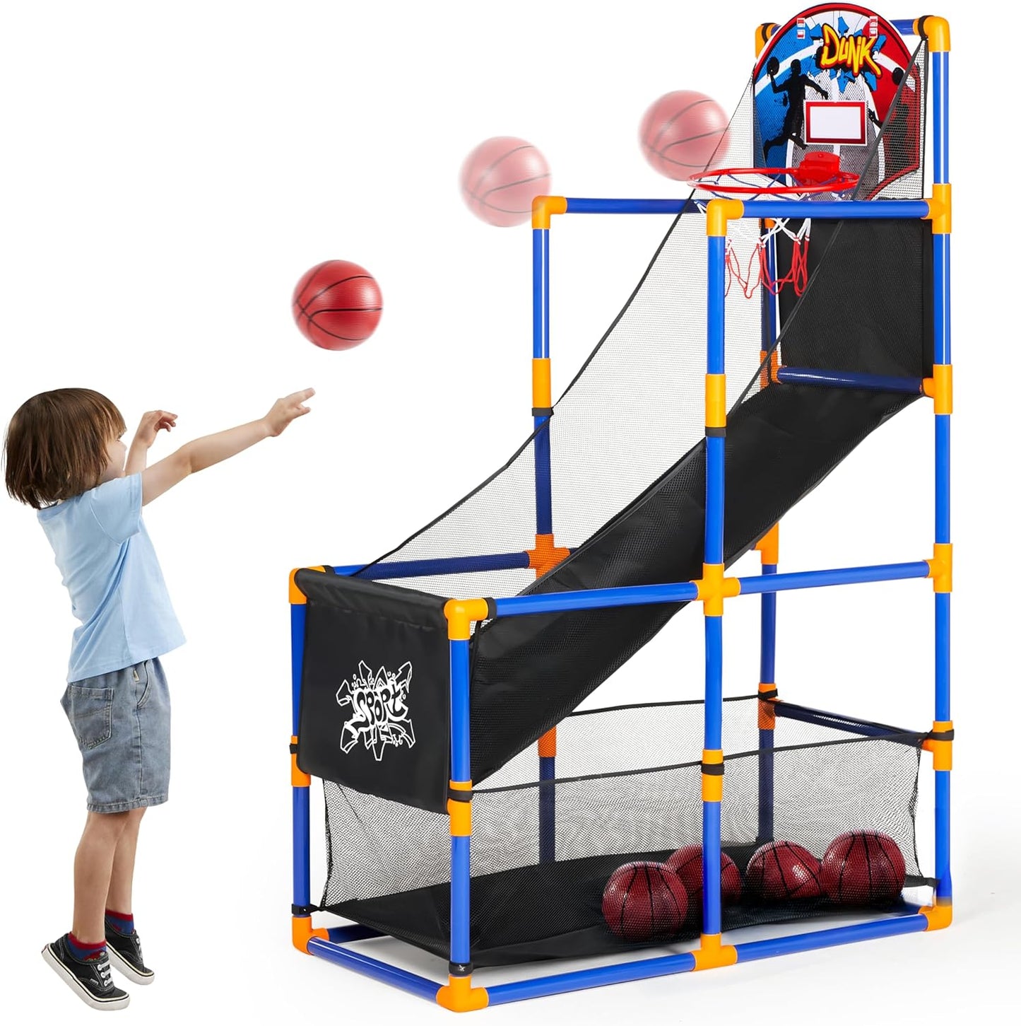 JOYIN Arcade Basketball Game Set with 4 Balls and Hoop for Kids 3 to 12 Years Old Indoor Outdoor Sport Play - Easy Set Up - Air Pump Included - Ideal