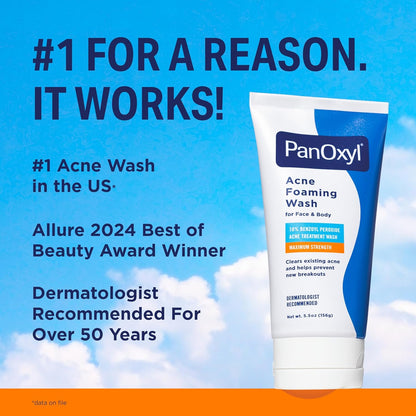 PanOxyl 10% Benzoyl Peroxide Acne Foaming Wash, Maximum Strength, Daily Acne-Fighting Face and Body Cleanser, Face Wash to