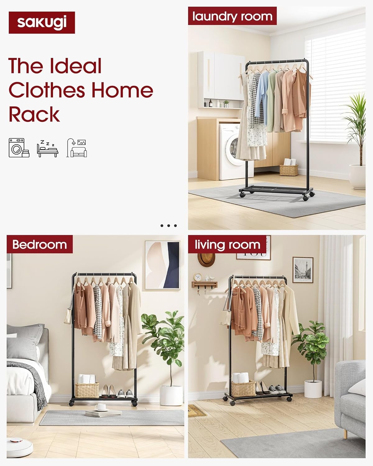 Sakugi Clothes Rack - Clothing Rack with Storage Mesh Shelf & Casters, Heavy-Duty Metal Clothing Rack for Hanging Clothes, Dresses