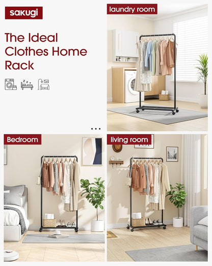 Sakugi Clothes Rack - Clothing Rack with Storage Mesh Shelf & Casters, Heavy-Duty Metal Clothing Rack for Hanging Clothes, Dresses