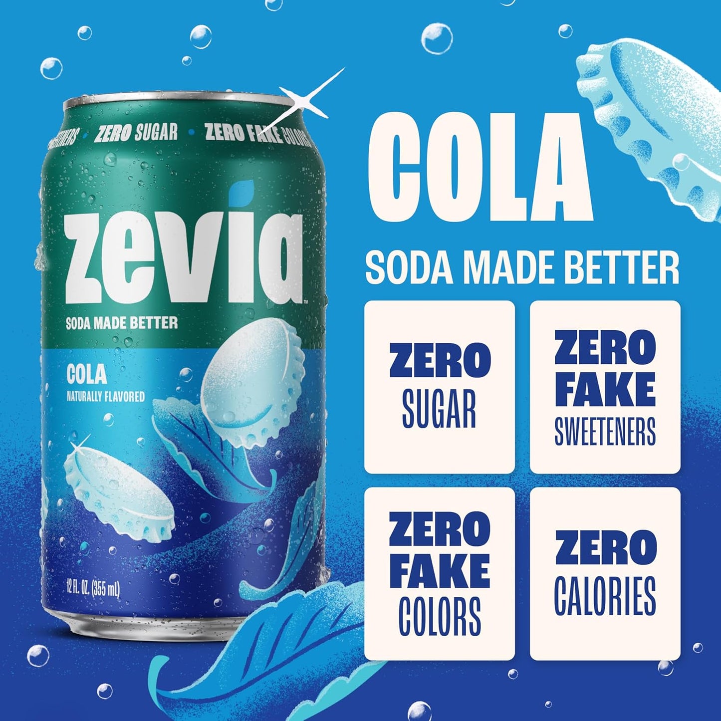 Zevia Zero Sugar Soda, Cola, 12 oz Cans (24-Pack) Naturally Sweetened, Zero Calorie Sugar Free Soda - Non-GMO Project Verified, Gluten-Free, Vegan