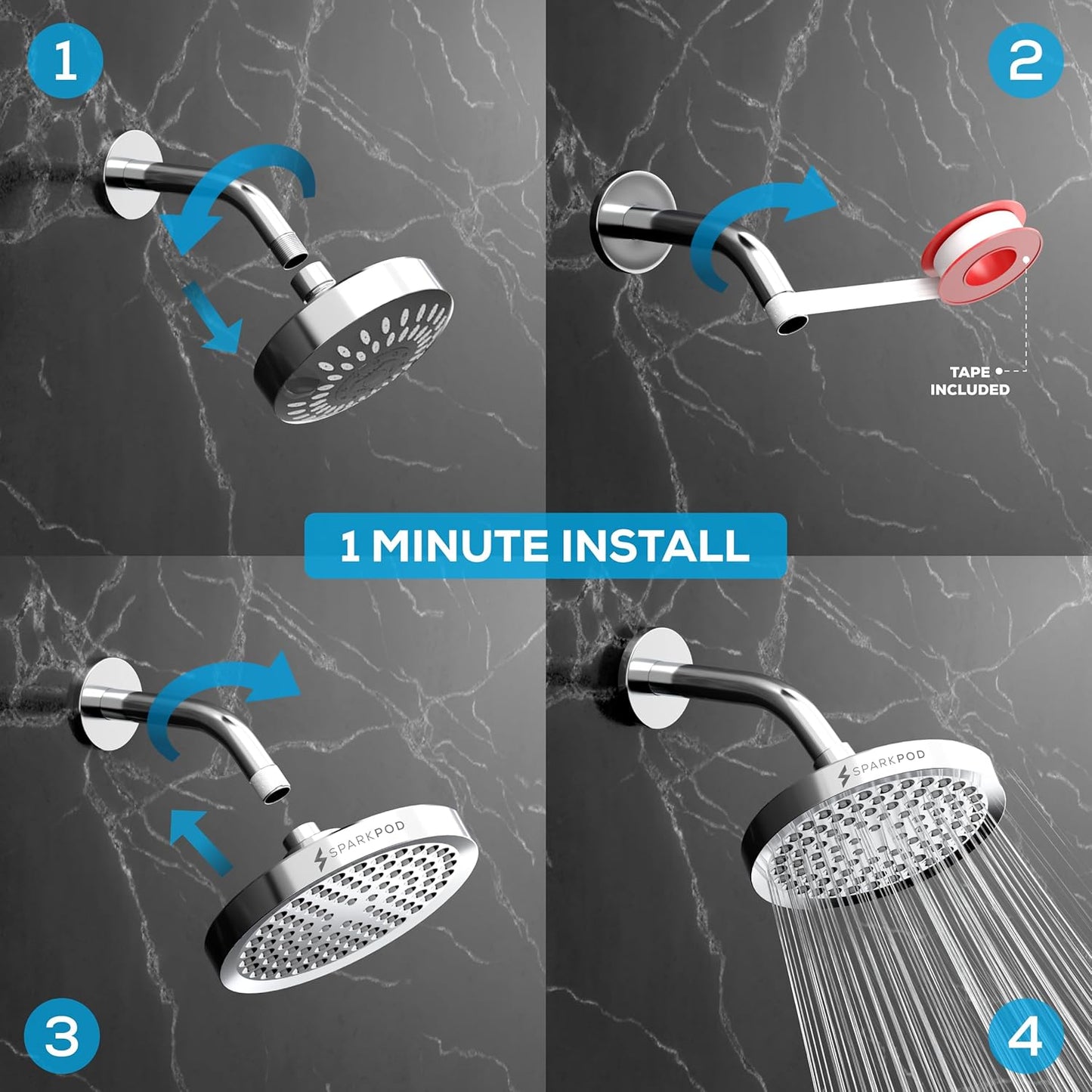 SparkPod Shower Head - High Pressure Rain - Premium Quality Luxury Design - Easy Clean Adjustable Replacement for Your Bathroom Shower Heads (Luxury