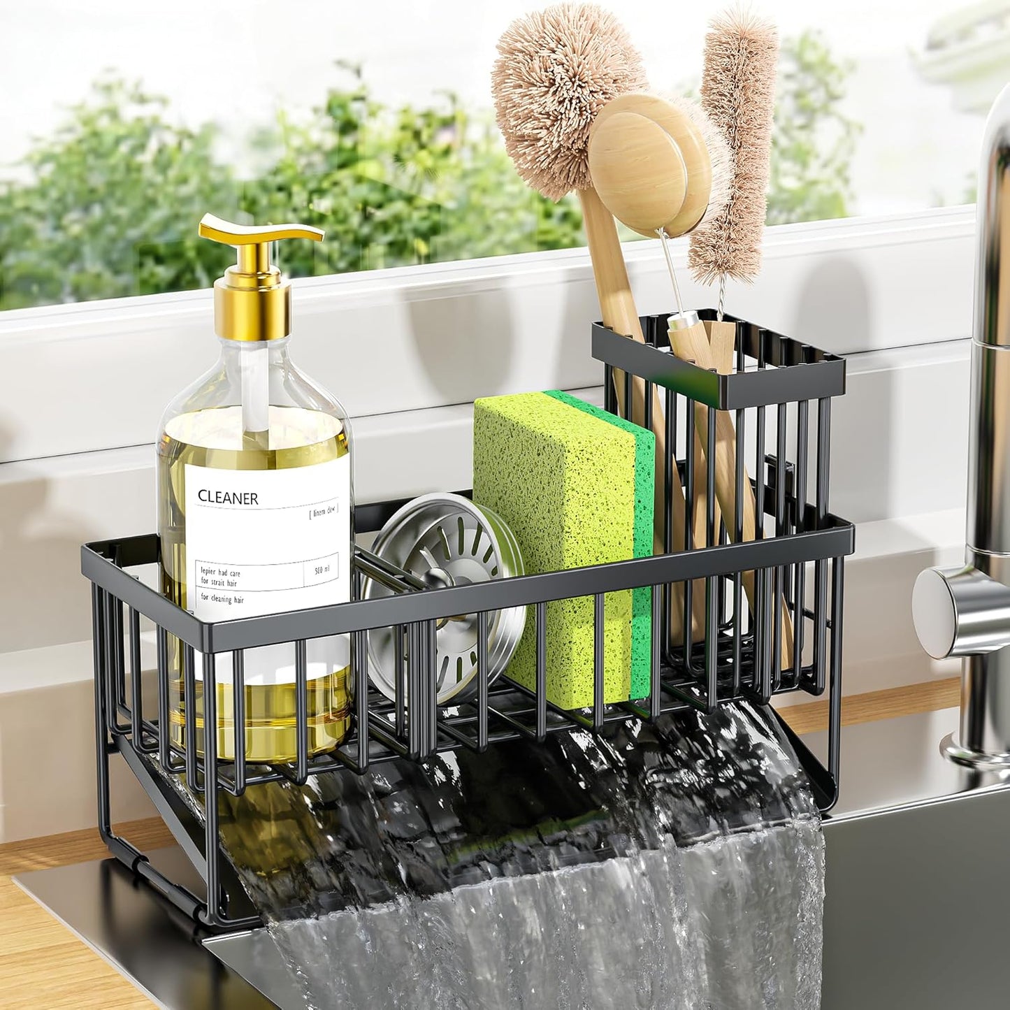Cisily Sink Caddy Sponge Holder for Kitchen with Brush Holder and Stainless Steel Self Drain Tray, Rustproof Kitchen Sink Organizer for
