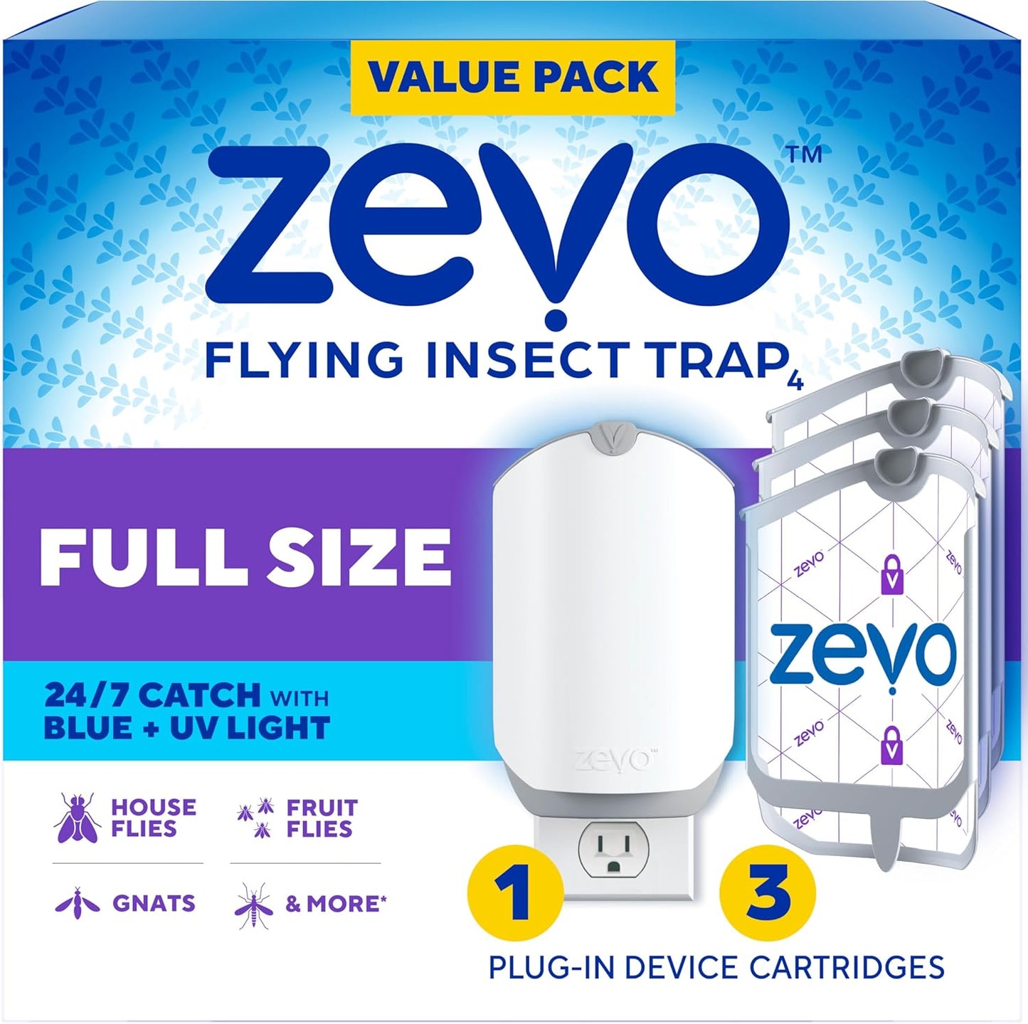 Zevo Flying Insect Trap & 3 Refill Cartridges - Plug in Fly Trap & Indoor Bug Catcher for Gnats, House & Fruit Flies - Blue & UV Light